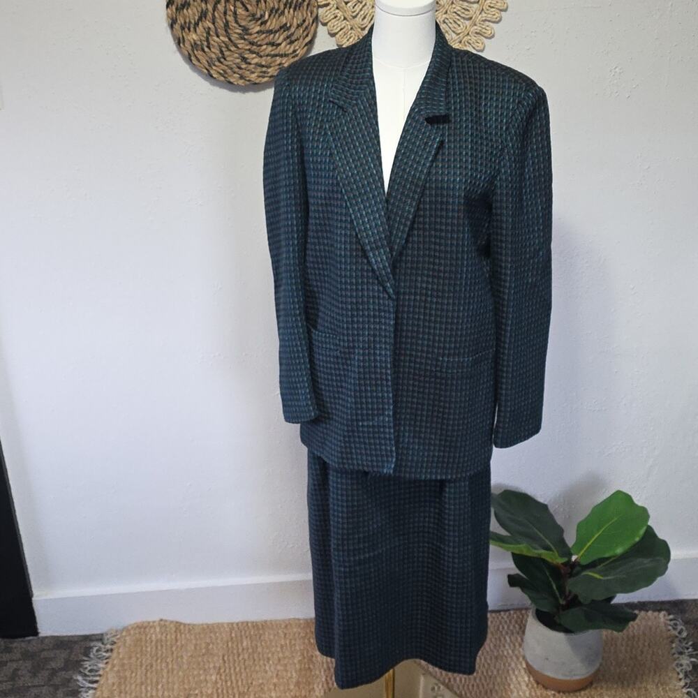 Vtg Michelle Stuart Teal Brown Houndstooth Coord Set Blazer Wool Skirt Womens 10